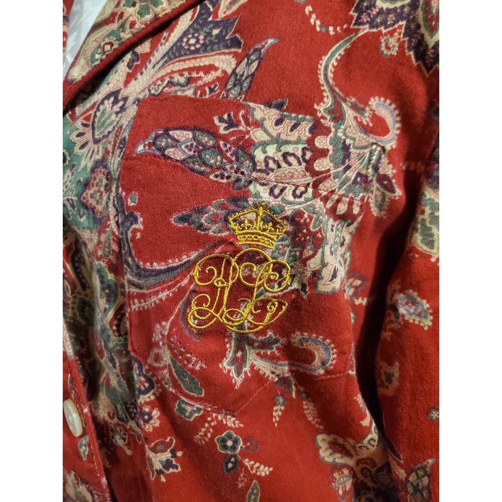 Vtg Lauren Ralph Lauren Flannel Embroidered Monogram Logo Button Sleep Shirt L - Picture 3 of 10